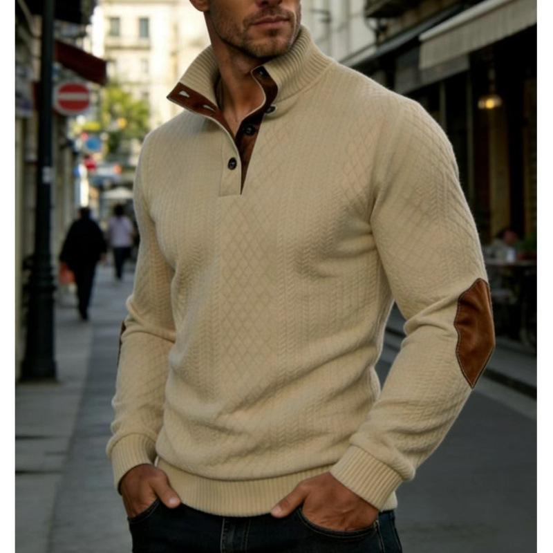 Men Stand Collar Elbow Patch Jacquard Casual Knit Sweater