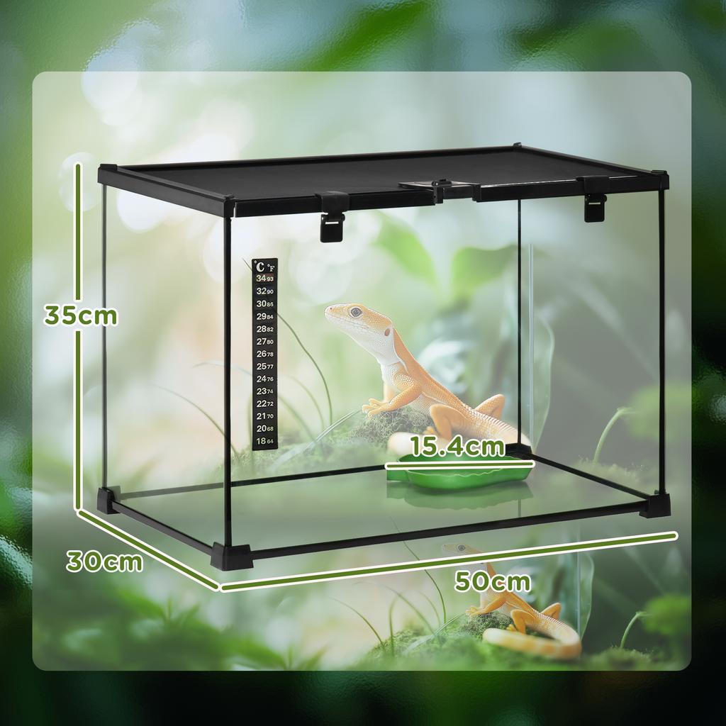 Raised Reptile Terrarium with Lock and Thermometer, Glass and Wire Mesh, 50x30x35 Cm, Black