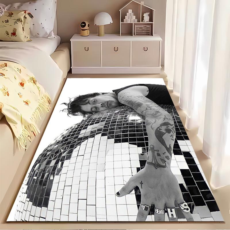 Pop Music Area Rug, Harry Styles Leaning on Disco Ball Tattoos Black White Photo Print, Fan Room Decor, Non-Slip Mat