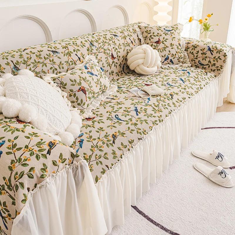 Pastoral Style Cotton And Linen Sofa Blanket Small Flowers Sofa Cover With Skirts Anti-Slip Sofas Towel Beds Blankets Funda Sofa