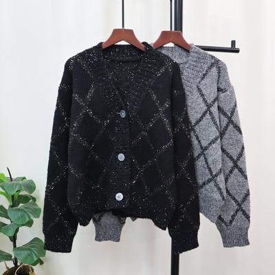 Rhombus Sequined Knitted Cardigan Women's Autumn and Winter New Loose and Versatile Soft Waxy Design Sweater Jacket