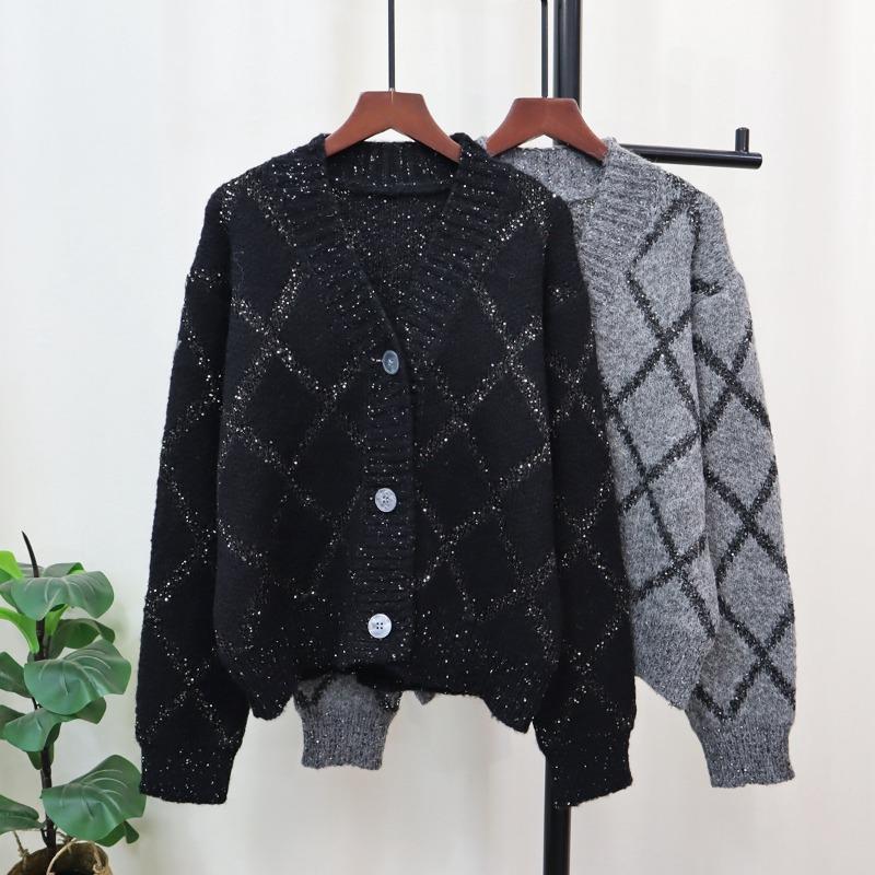 Rhombus sequined knitted cardigan women's autumn and winter new loose and versatile soft waxy design sweater jacket