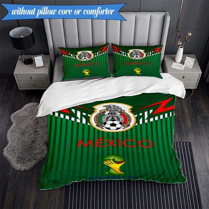 3PCS Mexico Football Team Emblem Printed Soft Bedding Set,Including 1pc Duvet Cover And 2pcs Pillowcases Perfect for Bedroom, Dormitory, Fan Gift