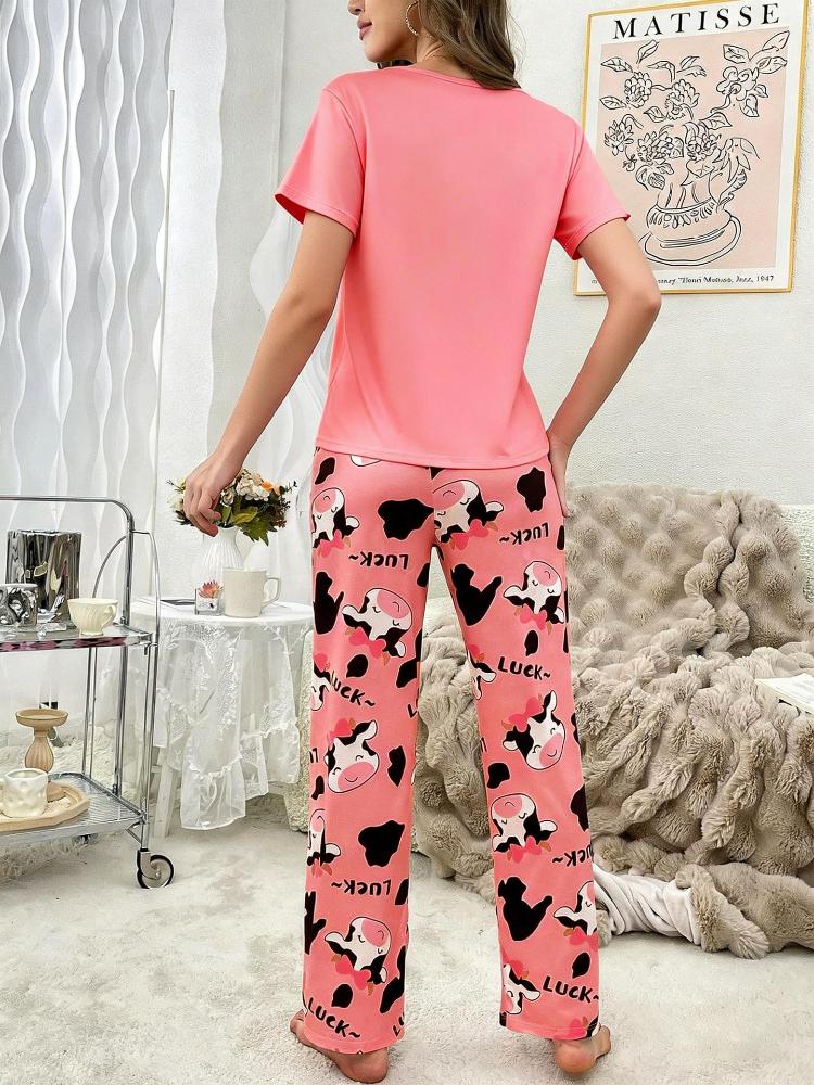 Women'S 2pcs Heart Bear Pajama Set - Cozy Red & Heart Bear Print Long Sleeve Nightgown & Pants with Elastic Waistband, Button-Up Front, Cute Pajamas
