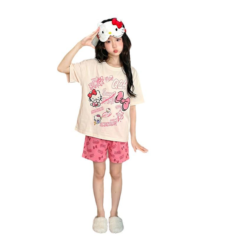 Girls' Cartoon Summer Pajama Set - Short Sleeve & Shorts, Lightweight, Cute, Comfortable for Middle & Older Children