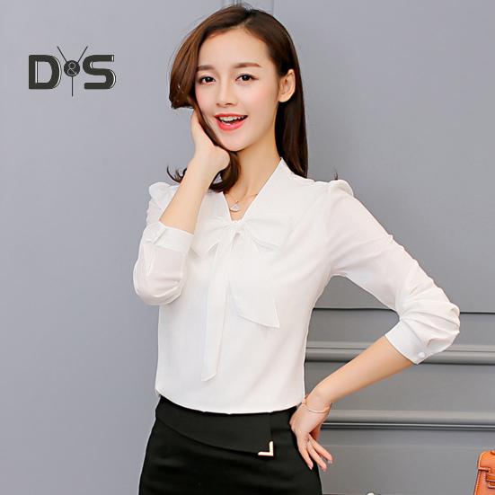 Spring Summer Women Bowknot Lace Up Collar Shirt Tops Long Sleeve Solid Color Casual Chiffon Blouse Workwear