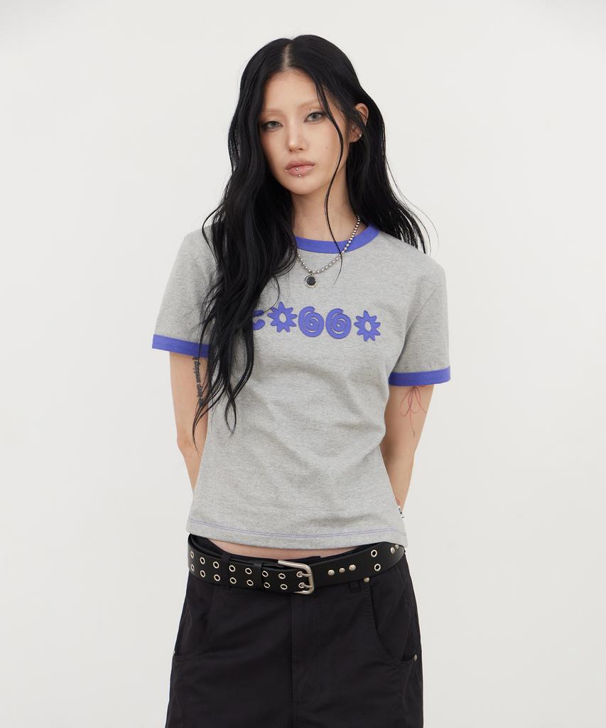 Tonilolenseu [W] Symbol Logo Applique Ringer T-Shirt Melange Grey