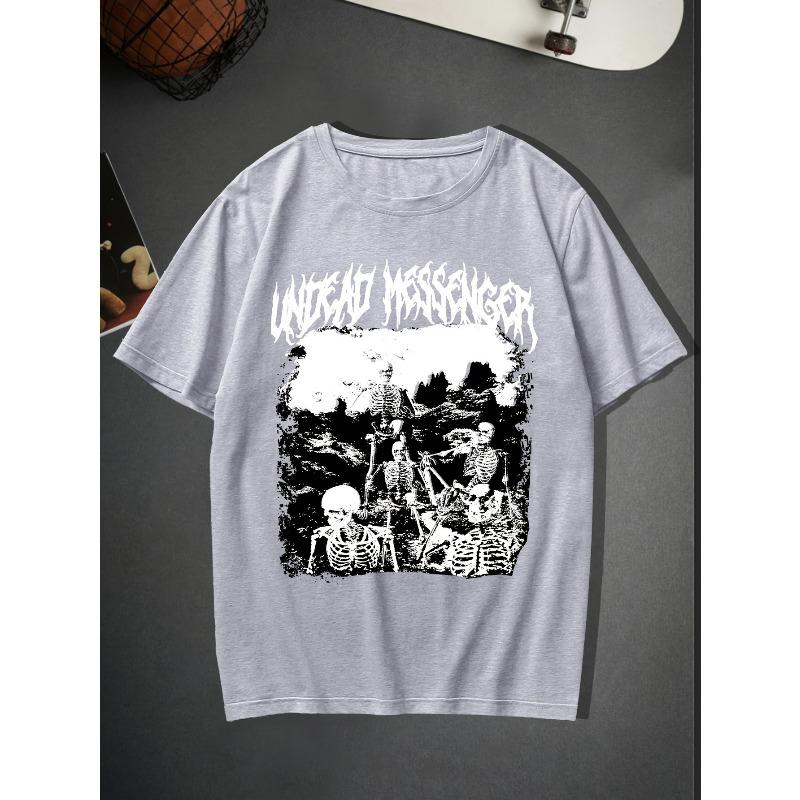 

European sizes Trendy Skeleton & Letter Pattern Print Men s Comfy T-shirt For Halloween, Graphic Tee Men s Summer Outdoor Clothes 4XL
