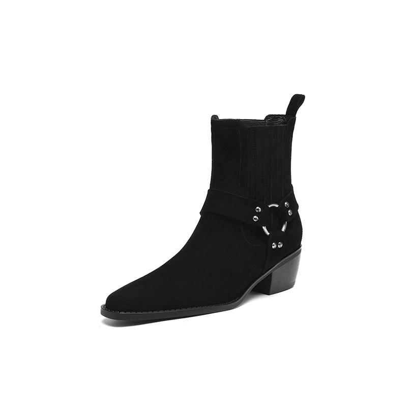 Fashion 2025 New Leather Shoes Women Genuine Square Toe High Heel Ankle Boots Thick Square Heel Slip on Western Boots Cowboy Boots Women