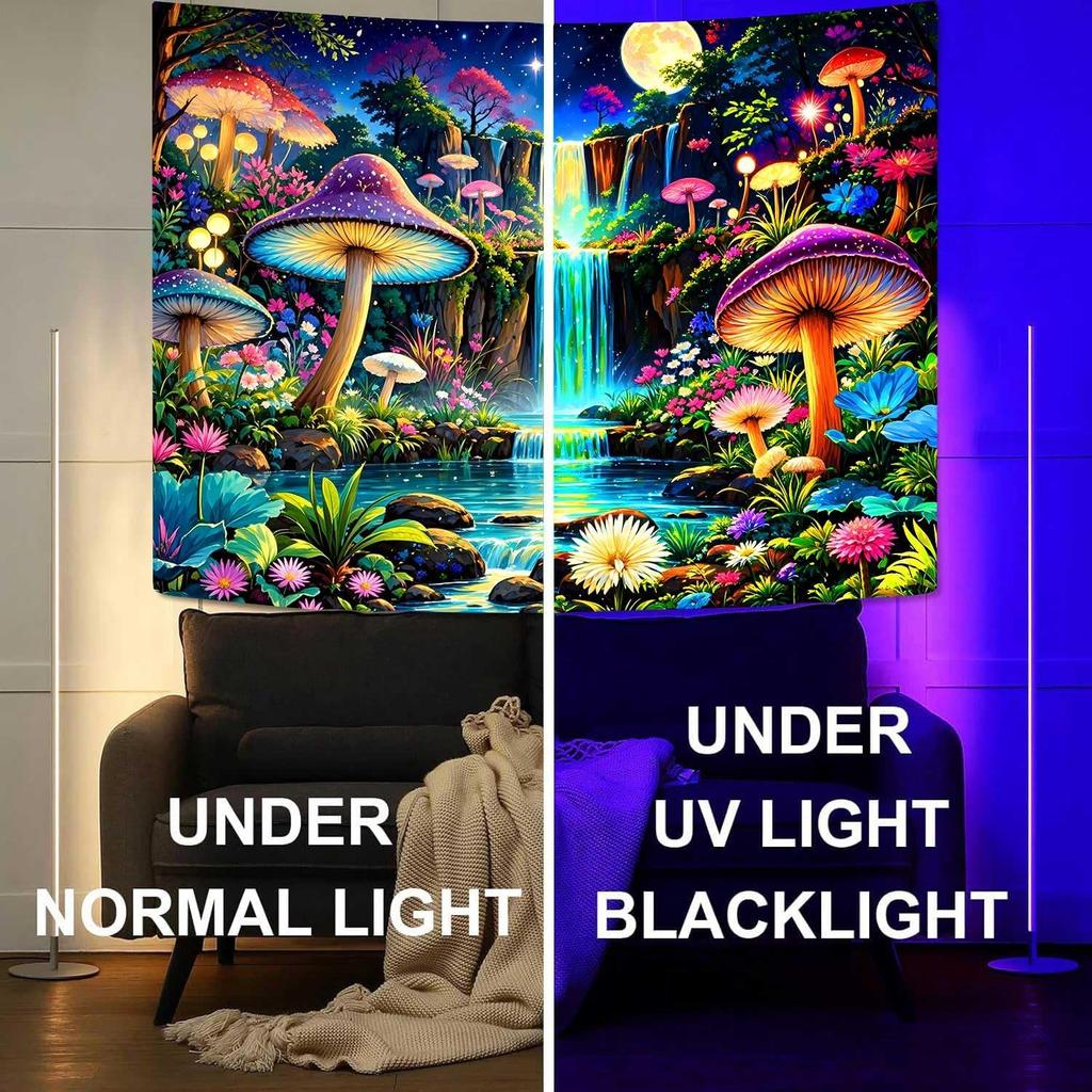 Ine Ive Blacklight Fantasy Mushroom Forest Tapestry Aesthetic UV Reactive Waterfall Tapestries 60x51Inch Moon Night Wildflower Plant Landscape Black