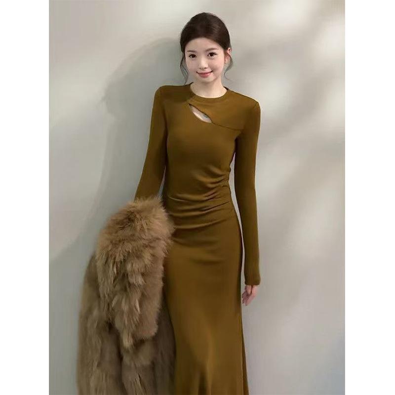 German velvet autumn and winter new popular sexy waist long dress pure desire style spice girl temperament hollow dress women S
