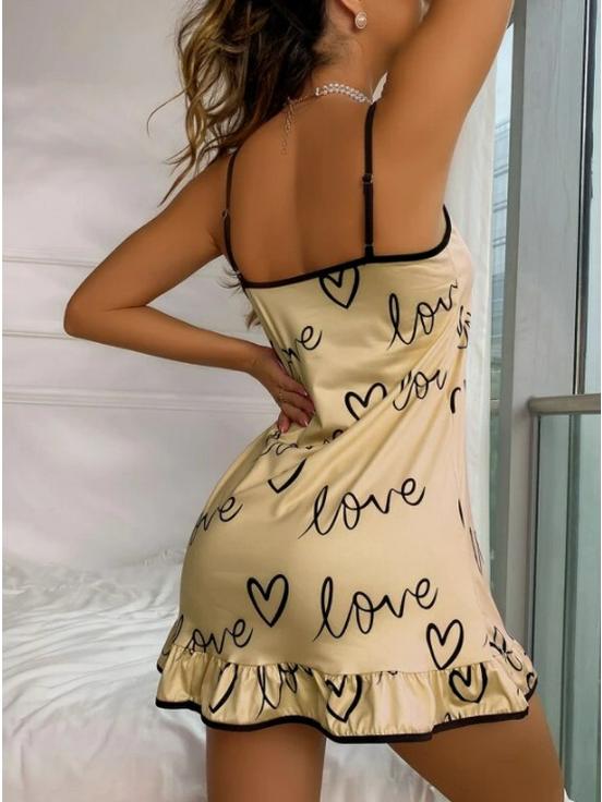 Women's Cute Print Ruffle Trim Spaghetti Strap Pajama Set