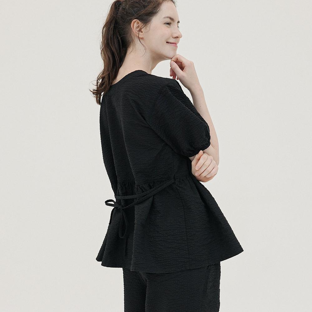 CHIQUITA Cotton Seersucker Blouse + Belt Black 250711Bk