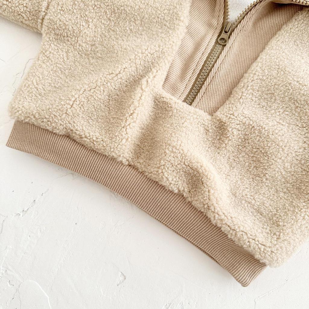 Winter Lambswool Hoodie for Babies - Thickened Velvet, High Collar, Long Sleeve