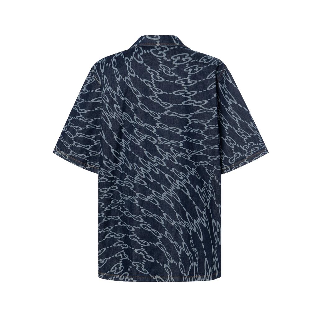 GUCCI Wave Shaped Gg Laser Printed Denim Shirt Men's Blue 782744-XDCWQ-4759