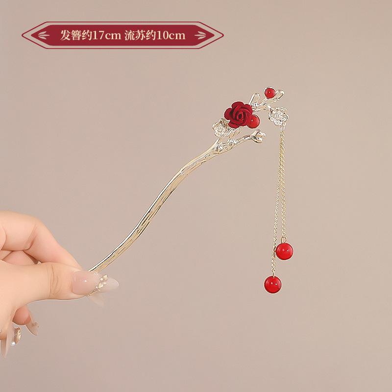 Vintage Chinese Style Rose Hairpin For Women Red Flower Element Tassel Hair Stick Elegant Exquisite Handmade Hair Accessories