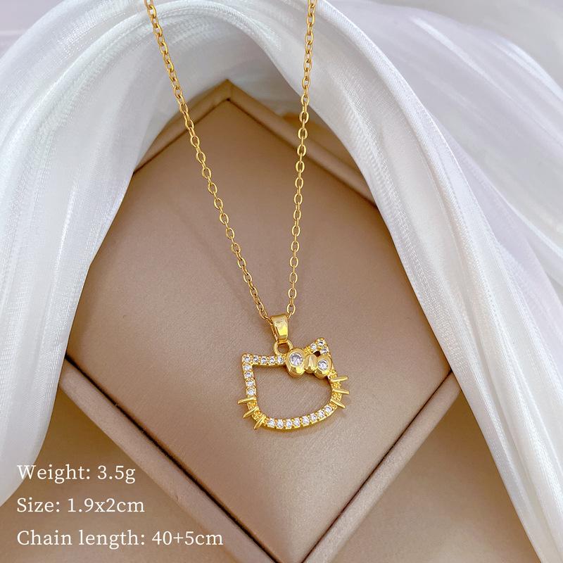 Bow Cat Light Luxury Temperament Gorgeous Full Diamond Necklace Female Versatile Collarbone Chain Titanium Steel Chain