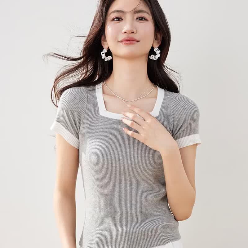 Petite Classic Contrast Square Neck Ribbed Knit Top XL серый