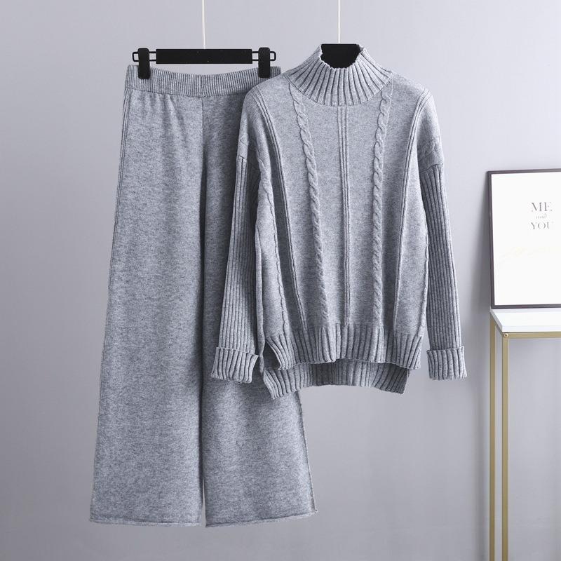 High-end semi-turtleneck sweater wide-leg pants set women's autumn and winter new fashion age-reducing knitted two-piece set