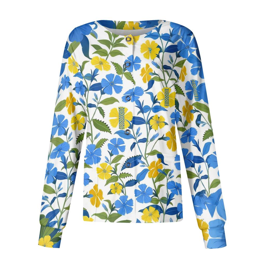Women's Casual Long Sleeve Single Breasted Hawaiian Print Caregiver Jacket Cardigan Top Lightweight Button Up Shirt for Work