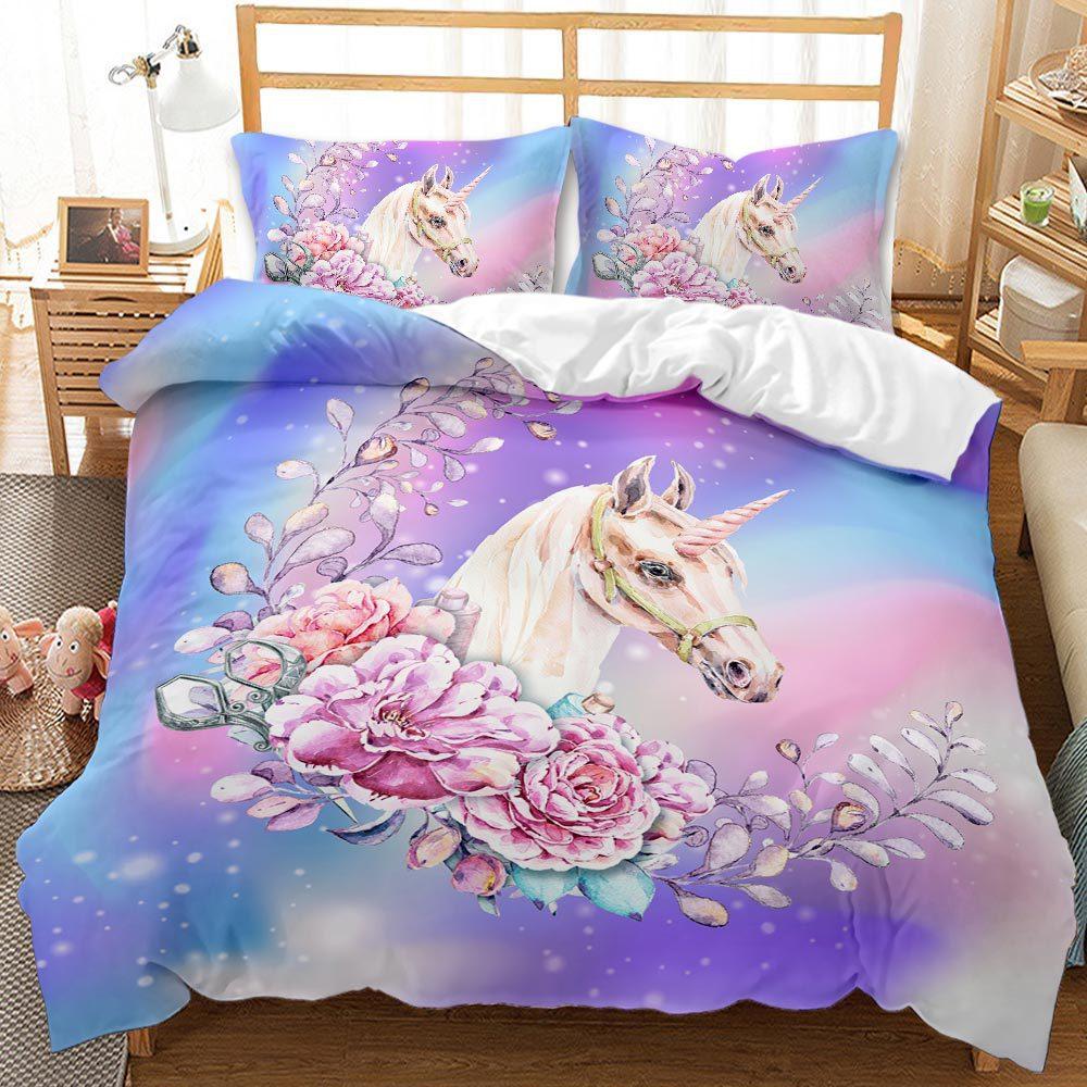 Unicorn Kit 3D Digital Printing Quilt Cover Princess Bedding Girl Three-Piece Set