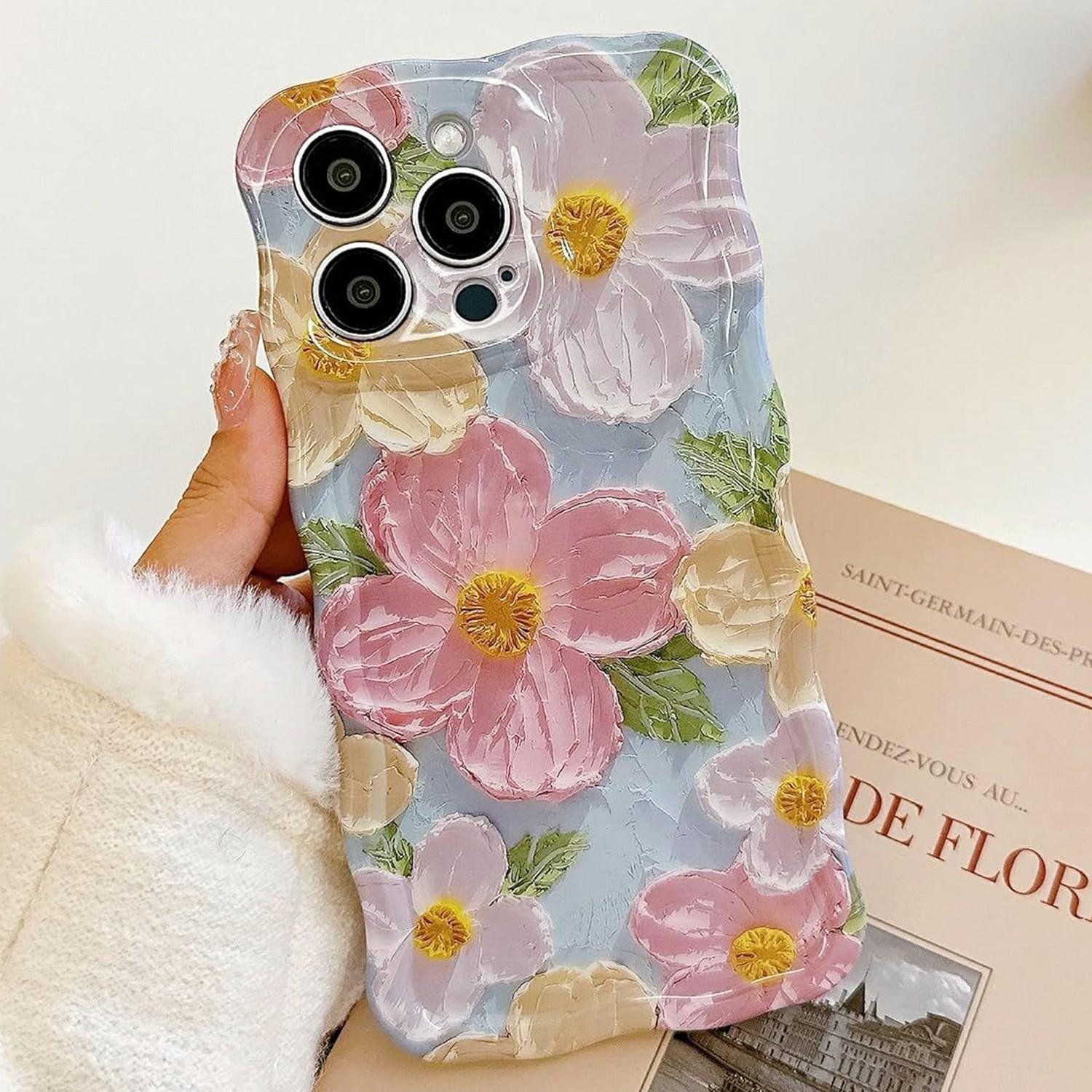 

For iPhone 13 Pro Case Oil Painting Flower Pattern TPU Phone Cover with Curly Wave Frame A