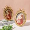 Handcrafted Antique Gold Carving Oval Bowknot Picture Frame With Hanging Hook And Stand For Wall Or Desktop Decoration