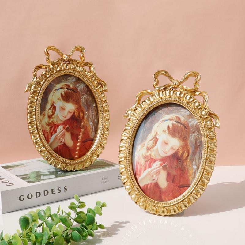 Handcrafted Antique Gold Carving Oval Bowknot Picture Frame With Hanging Hook And Stand For Wall Or Desktop Decoration