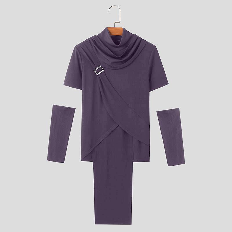 

INCERUN Мужские топы с высоким воротником-хомутиком и рукавами в стиле пэчворк, повседневные облегающие футболки с неровными слоями S фиолетовый