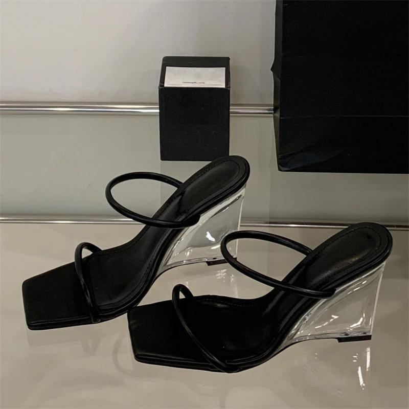 

Fashion Eilyken Summer Square Toe Women s Slippers Fashion Transparent Wedge Heels Hollow Out Ladies Shoes Zapatos De Mujer 35 чёрный