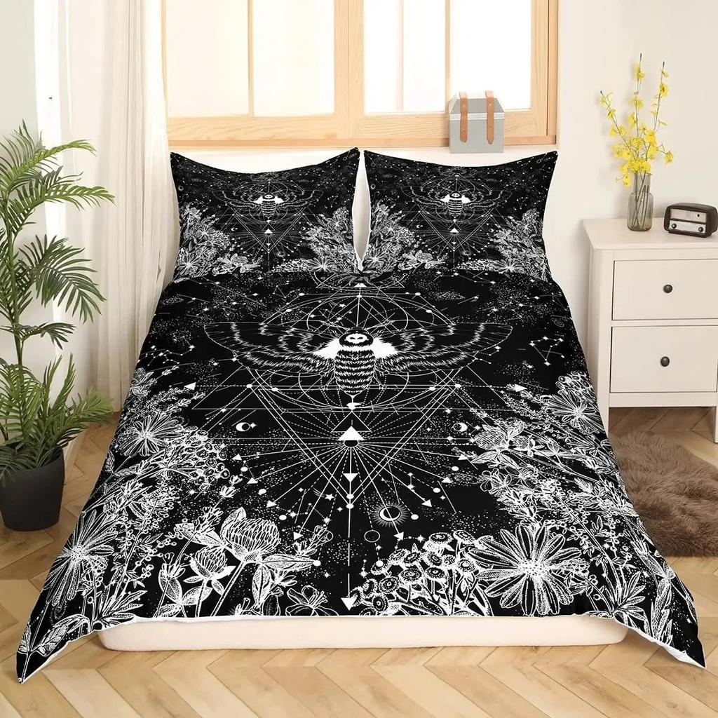 Boho Gothic Skull Bedding Set Death Moth Duvet Cover Set King Queen Full Twin Size Galaxy Sun And Moon Polyester Comforter Cover