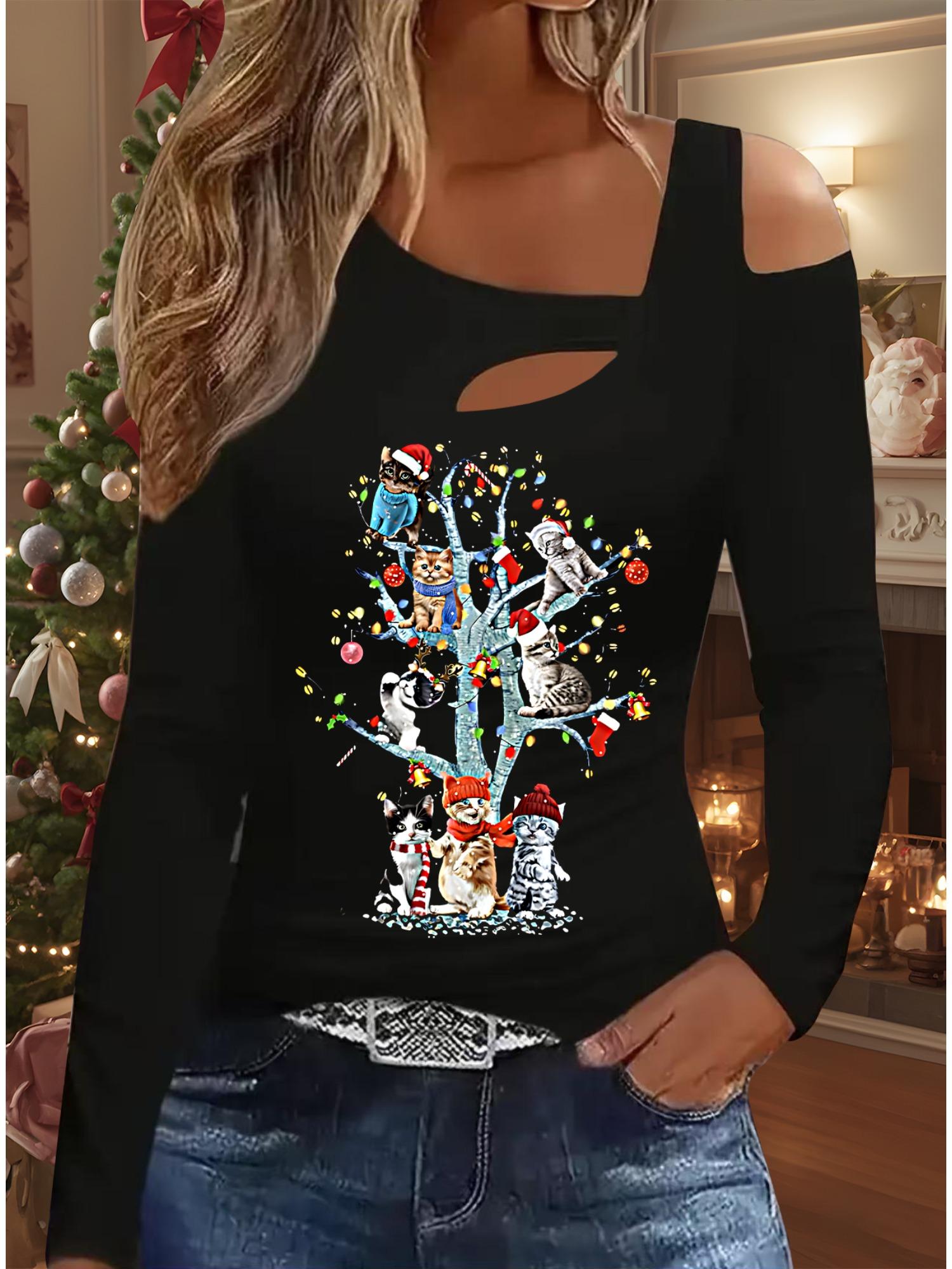 

Осень и Зима Женский Новый Повседневный Топ с Длинным Рукавом Рождественский Узор Идеальный Подарок на Хэллоуин Рождество Футболка S чёрный