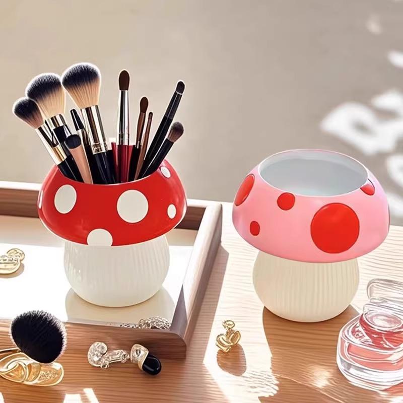 Mushroom Shaped Resin Flower Pot with Polka Dots for Home Decor - Cute Indoor Plant Pot, Brush Holder, or Office Organizer