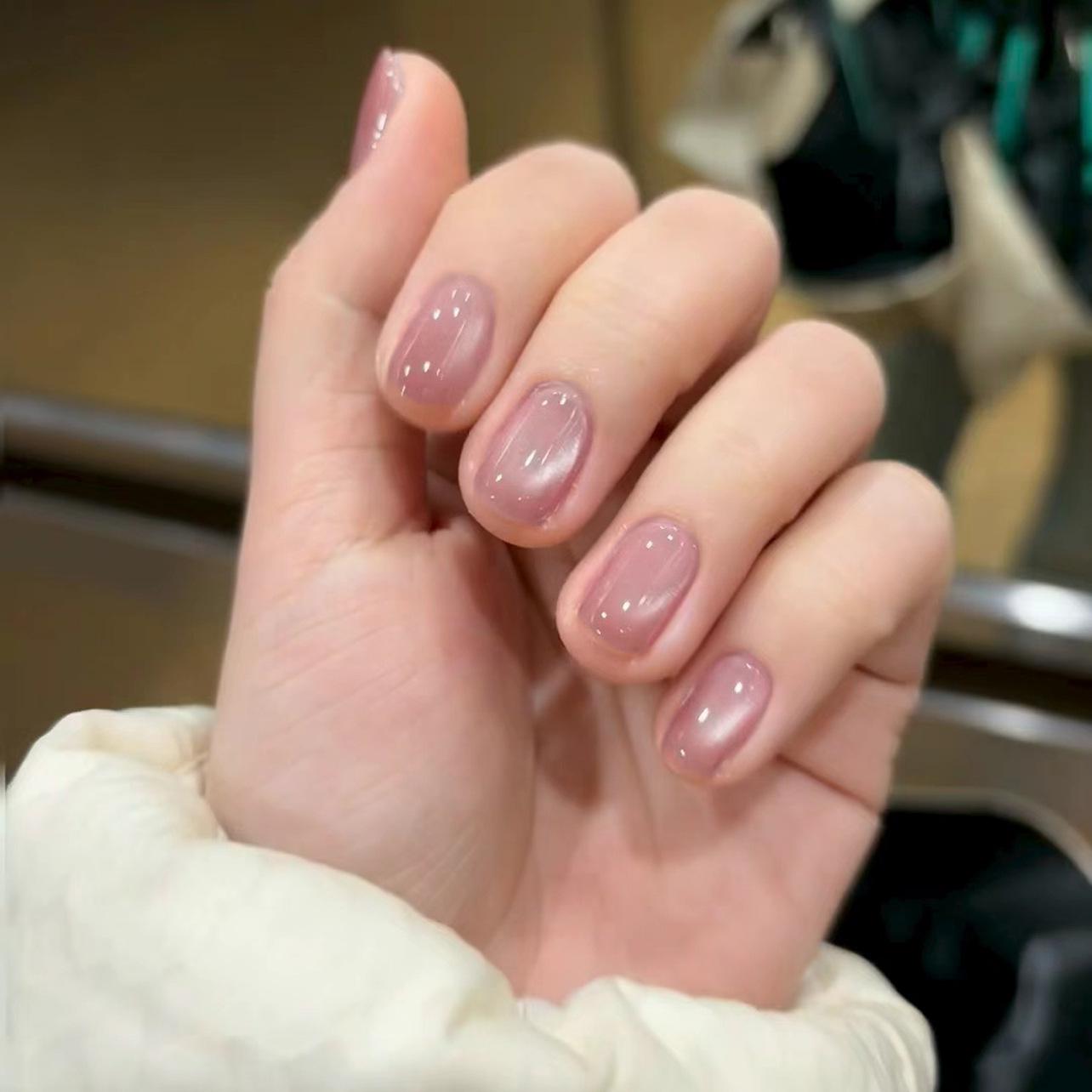 Nude Pink Cat Eye Press-On Short Square Nails - Flashy and Simple Design