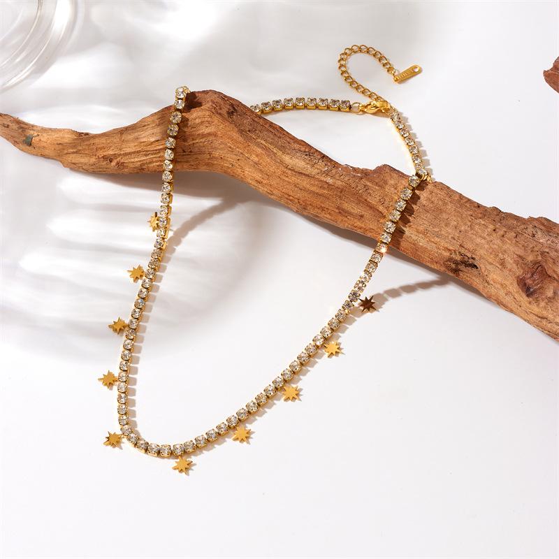 Gold Plated CZ Tennis Chain Star Pendant Necklace, Stainless Steel Dainty Y2K Choker, Waterproof Sparkly Jewelry for Women Gift