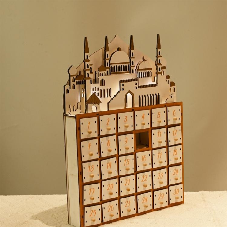 Ramadans Holz Countdown Kalender Schubladen Eid Mubarak Moschee Adventskalender Dekoration mit LED-Licht und 30 Schubladen