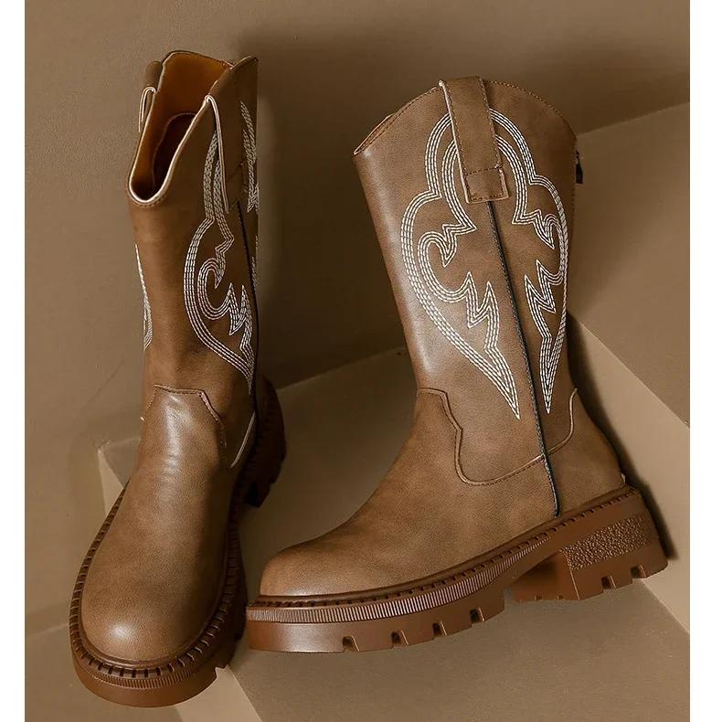 Embroidered Cowboy For Women New  Round Toe Platform Boots Retro Classic Western Cowgirl Trendy Mid-Calf