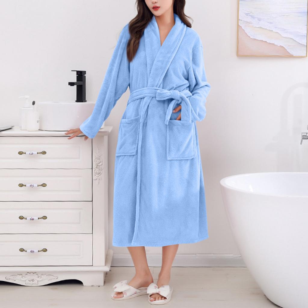 Women's Solid Color Long Sleeve Winter Warm Bathrobe Home Wear Plush Pajamas Nightgown