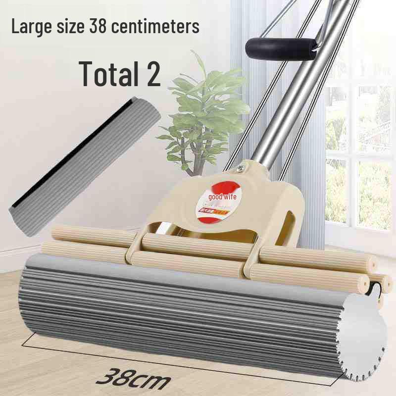 Large Absorbent Sponge Mop with Stainless Steel Handle - No-Hand-Wash Design