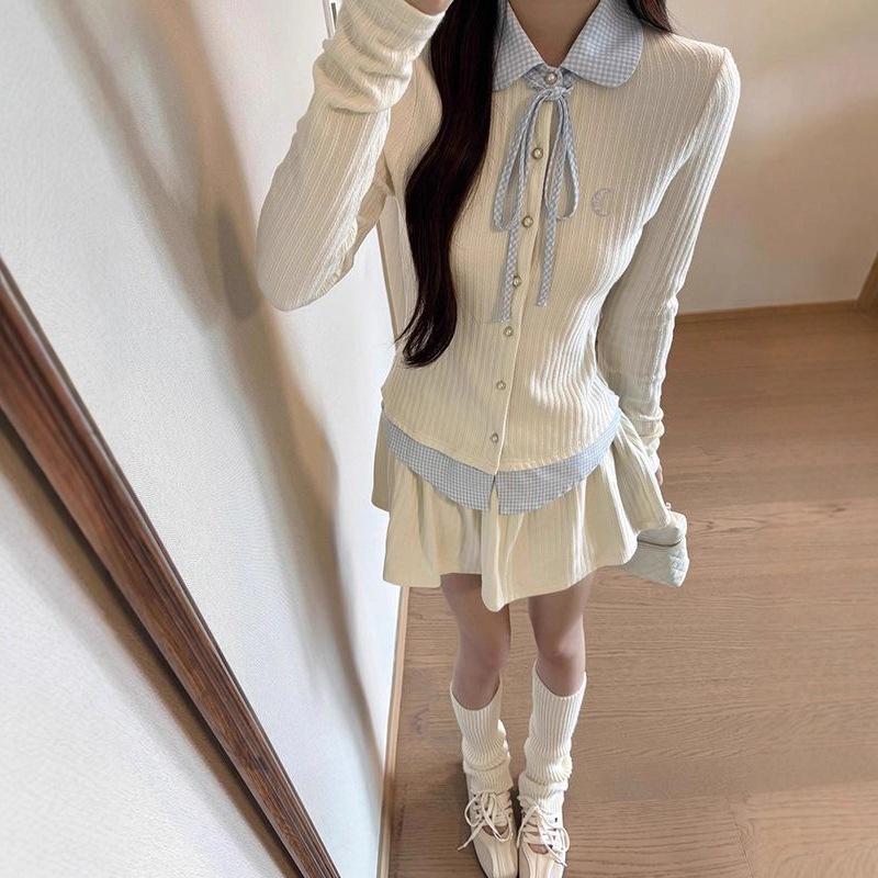 

Korean Academy Style Faux Two-Piece Long Sleeve Women s Autumn/Winter High Waist A-Line Dress Set Extra Large (XL)