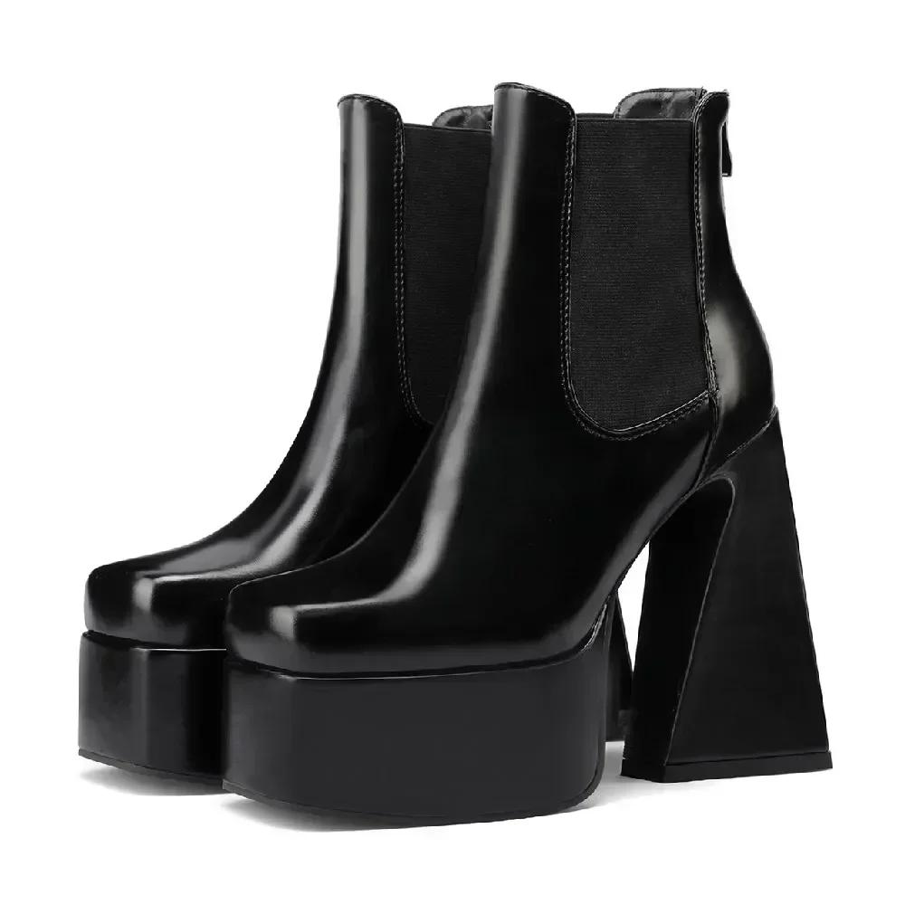 

Winter Women Chelsea Boots Red Black PU High Strange Heels Party Dress Lady British Retro Square Toe Zipper Platform Ankle Boots 34 чёрный