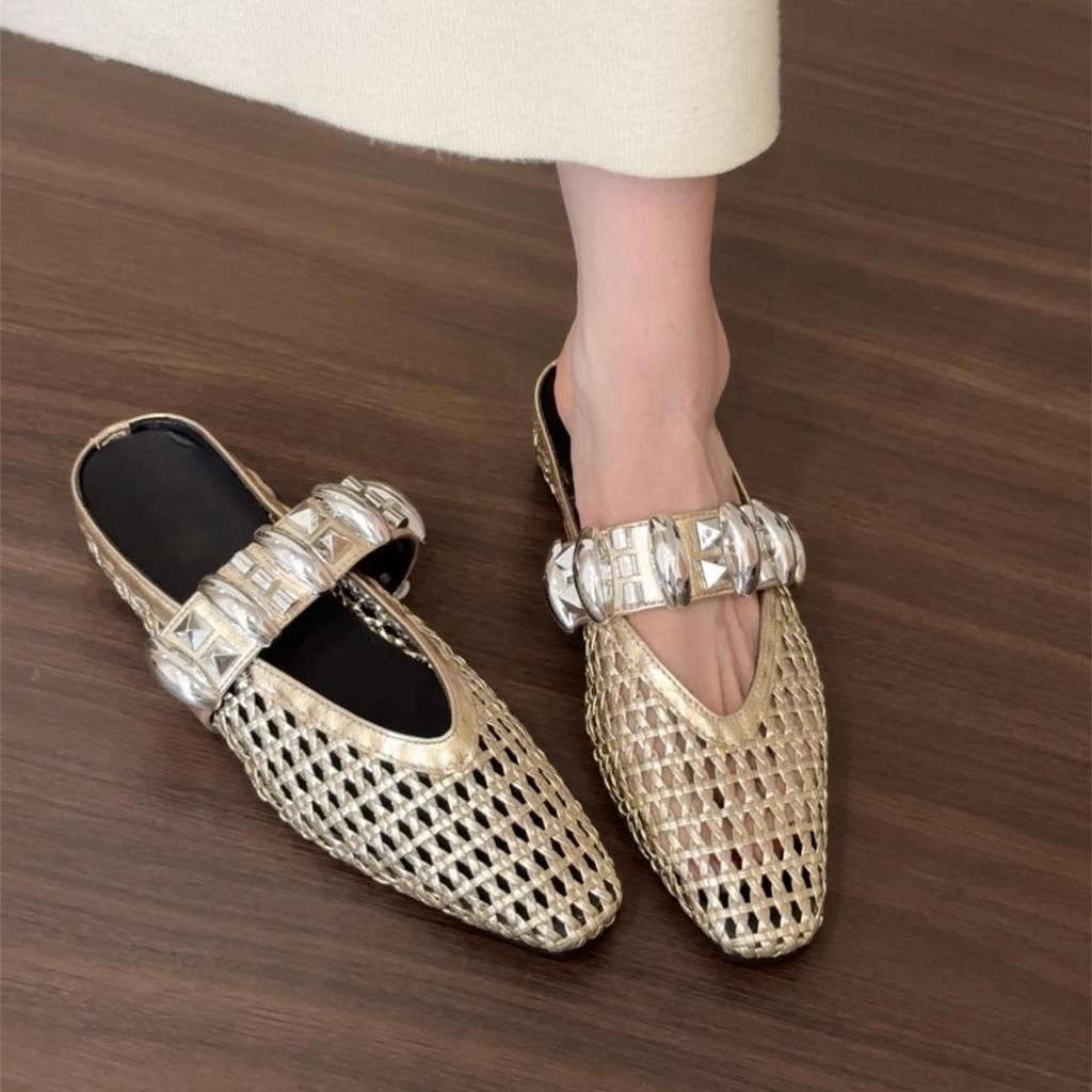 Inner height increase silver rhinestone mesh bag head half slippers women's shoes outer wear 2025 new summer Mary Jane sandals