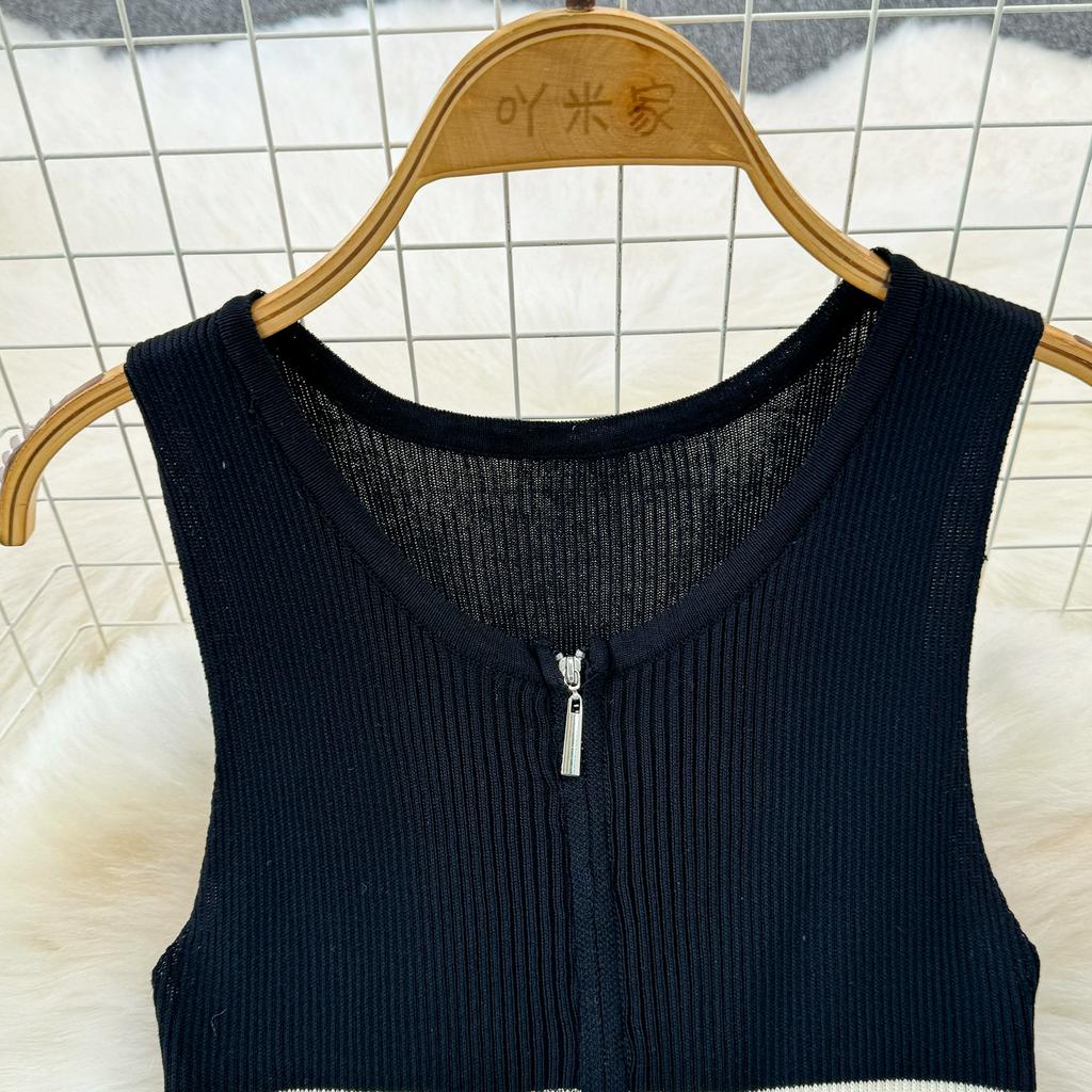 Summer Women Sleeveless Tank Knitted Striped Sweater Zipper Pullover Dresses