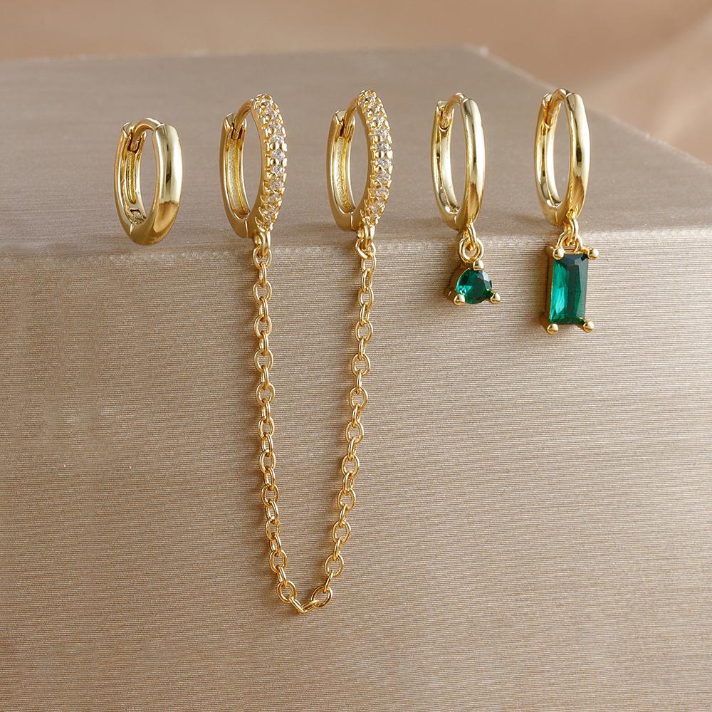 4pcs Fashion Colorful Zirconia Chain Square Earrings Set for Women Two Hole Round Circle Gold Color Hoop Earring Wedding Jewelry