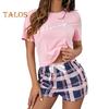 2 Pcs/Set Women Summer Pajama Set O Neck Letter Print Short Sleeves T-shirt Drawstring Elastic Waist Plaid Pattern Homewear Two Piece Set Sleepwear