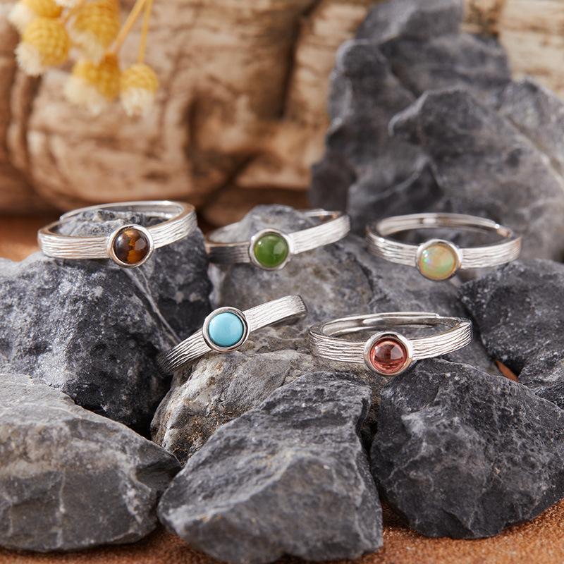 Natural Gemstone Jasper Nanhong Garnet Opal Turquoise Ring Women'S S925 Sterling Silver Inlaid Treasure Minimalist Index Finger Ring