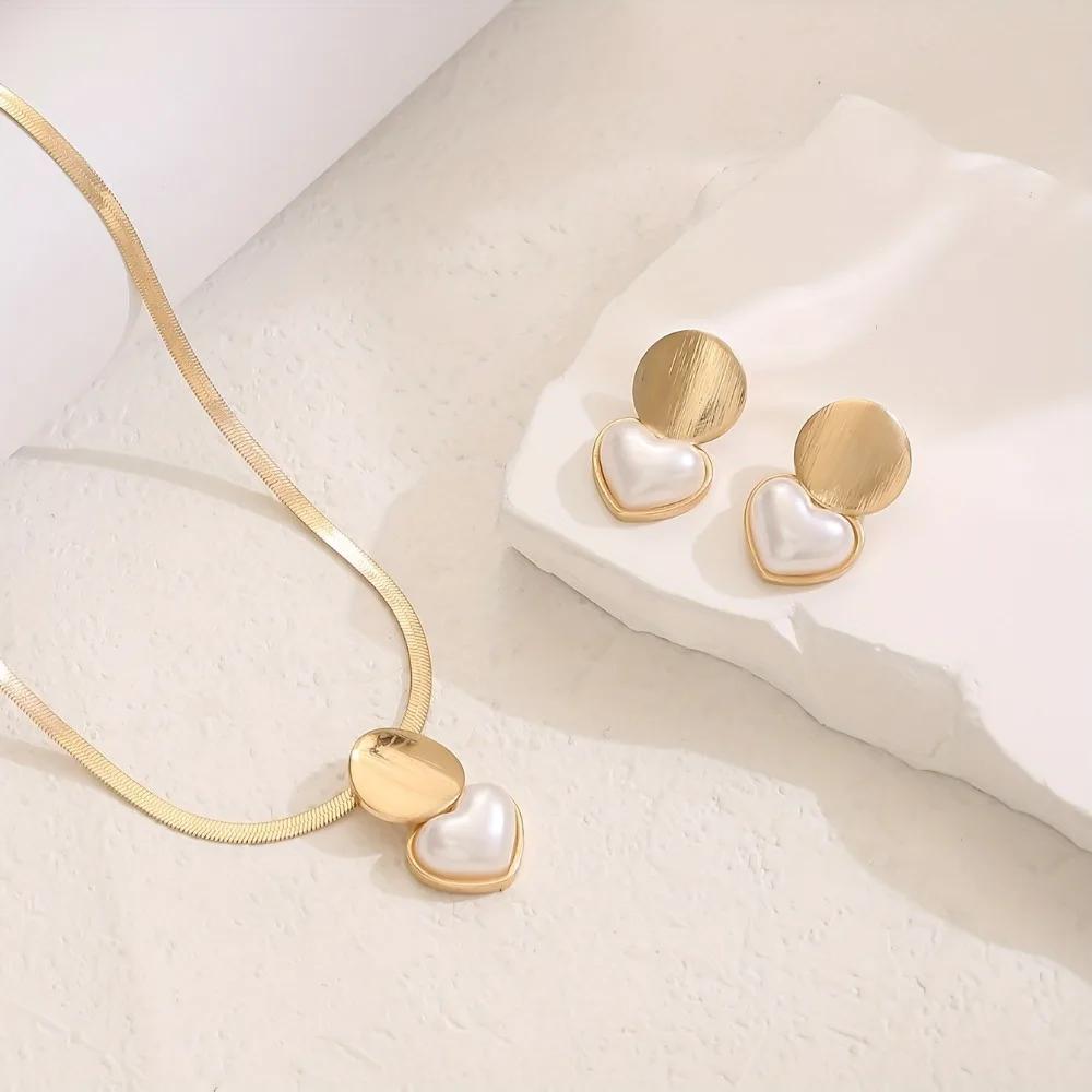 Sada 2 kusů Minimalistický Kreativní Zlatá Barva Kruhový Srdcovitý Přívěsek Hadí Kost Řetízek Náhrdelník Náušnice pro Ženy Šperky Sady