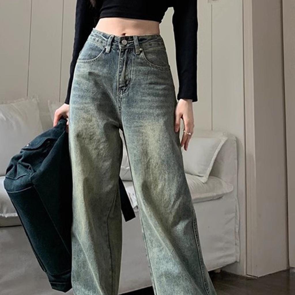 Loose Design,  Retro High Waisted Jeans, Women's Slimming And Drooping Feeling, Wide Leg Mopping Pants