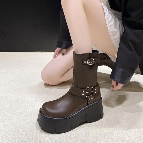 

Модные зимние готические сапоги до середины голени на платформе 2024 года, осень 8 см, кожаные туфли на высоком каблуке для мотоциклистов, женские массивные кроссовки в стиле панк, ботинки челси 39 коричневый