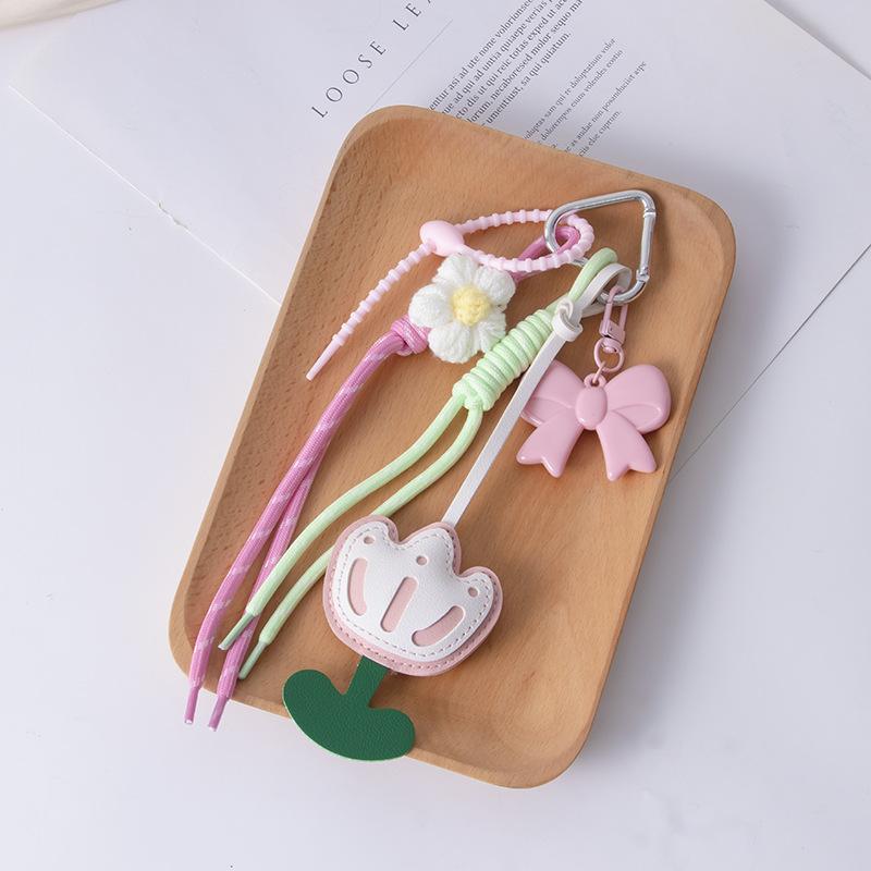 3D Flower Design DIY Leather Backpack Pendant One-piece Weave Rope Creative Key Ring Decoration.